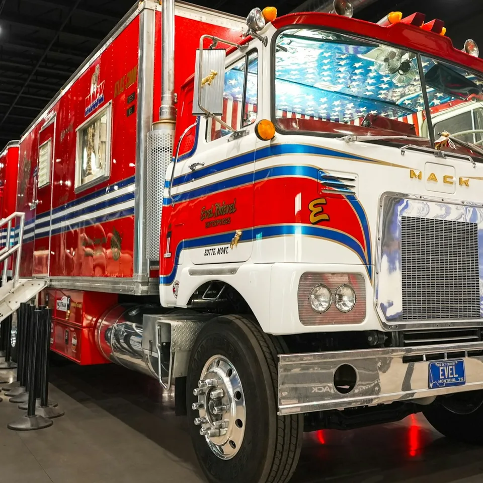 Evel Knievel’s red, white and blue Mack truck on display