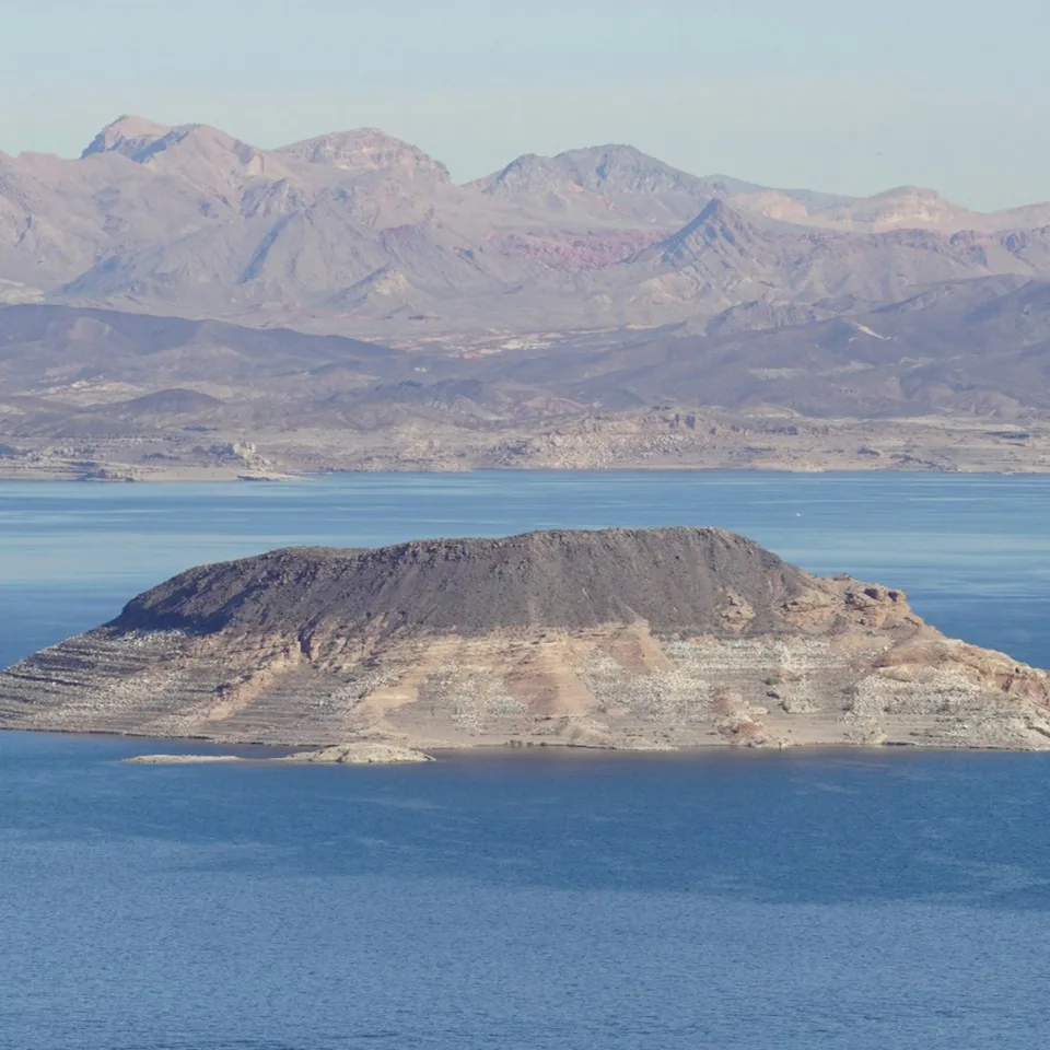 An island and exposed shoreline in Lake Mead