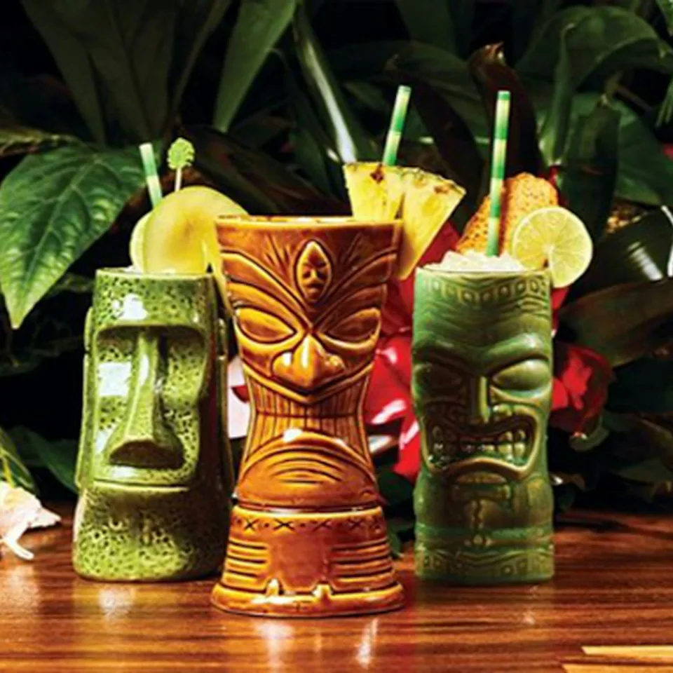 Cocktails served in colourful tiki-style vessels