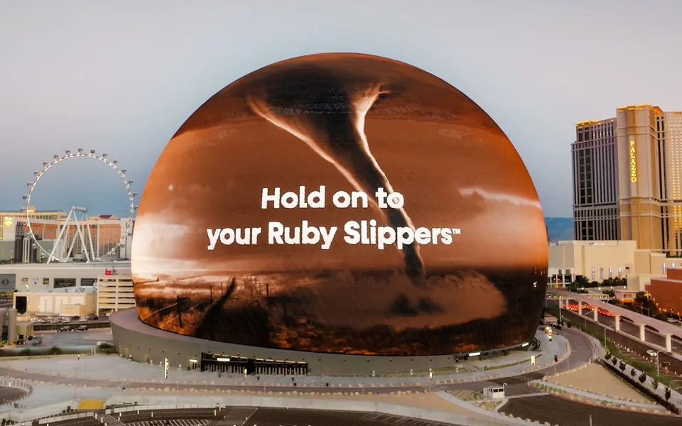 Sphere exterior displaying a tornado-themed Wizard of Oz promotion