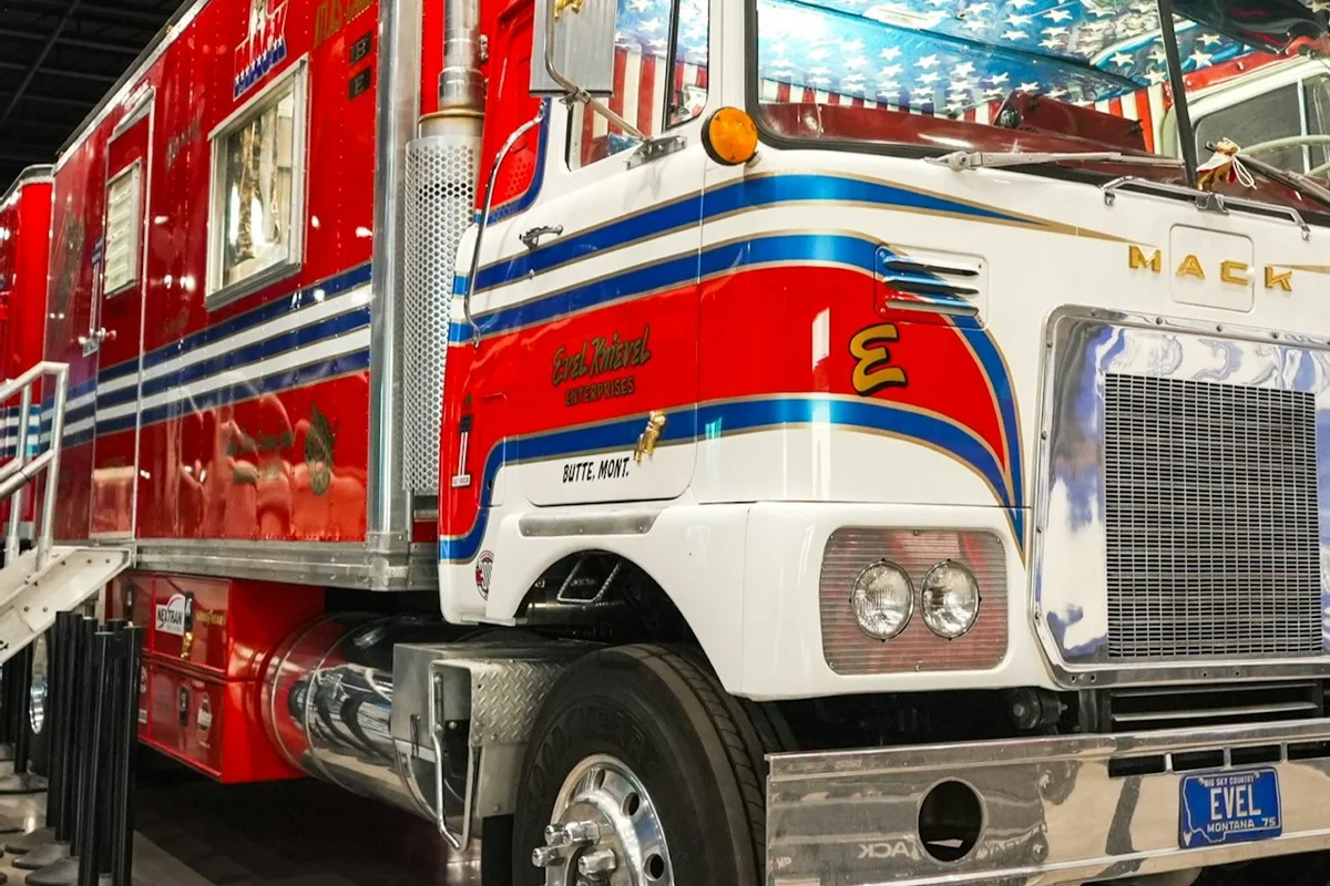 Evel Knievel’s red, white and blue Mack truck on display