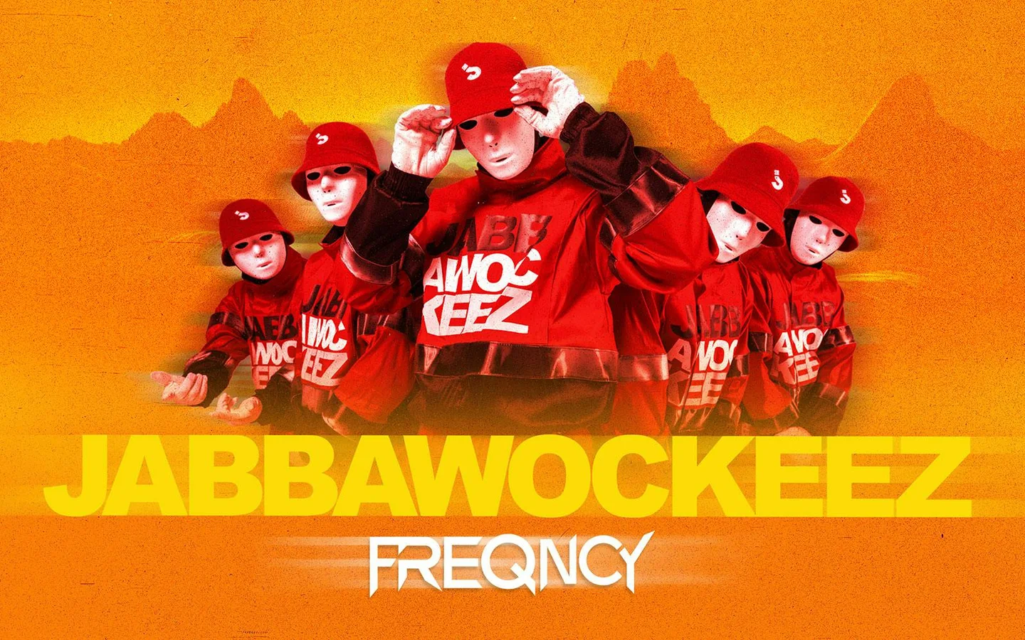 Jabbawockeez FREQNCY promotional artwork with masked dancers in red against an orange background
